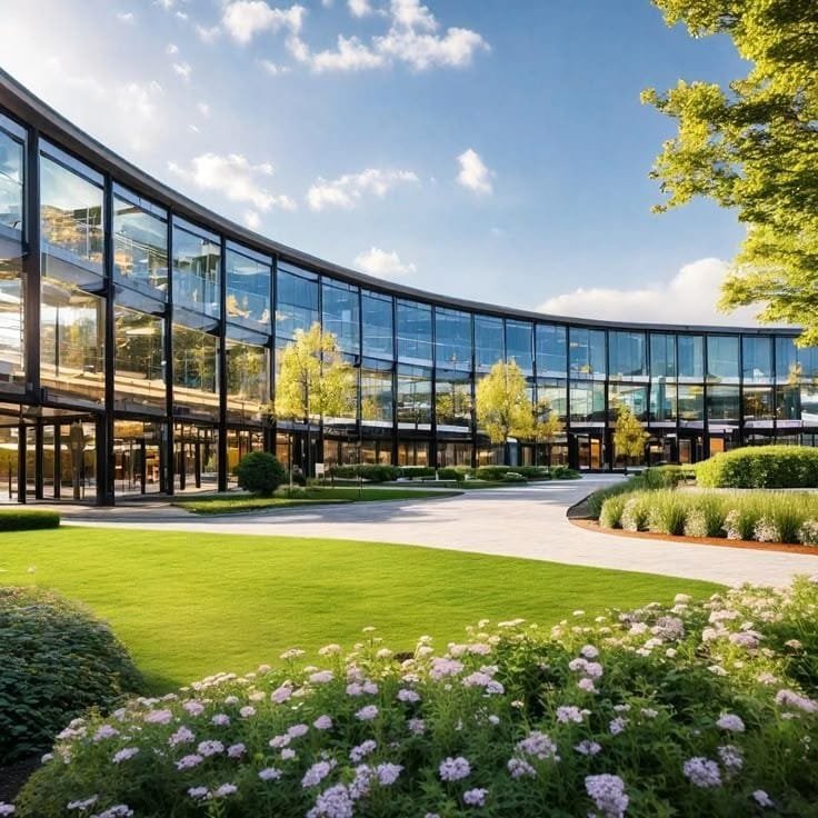 Sustainable Ecopreneure office campus with green landscaping